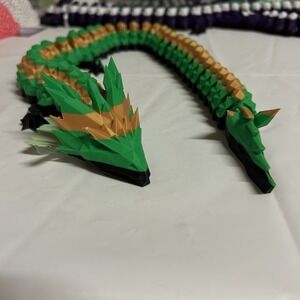 3D Printed Full Articulated Dragon Green Gold Fidget Toys Home Office Decor 24 "